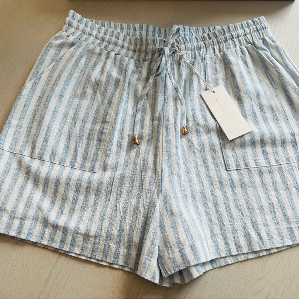 NWT Boutique High Waist Blue and White Striped Shorts with Elastic Waist